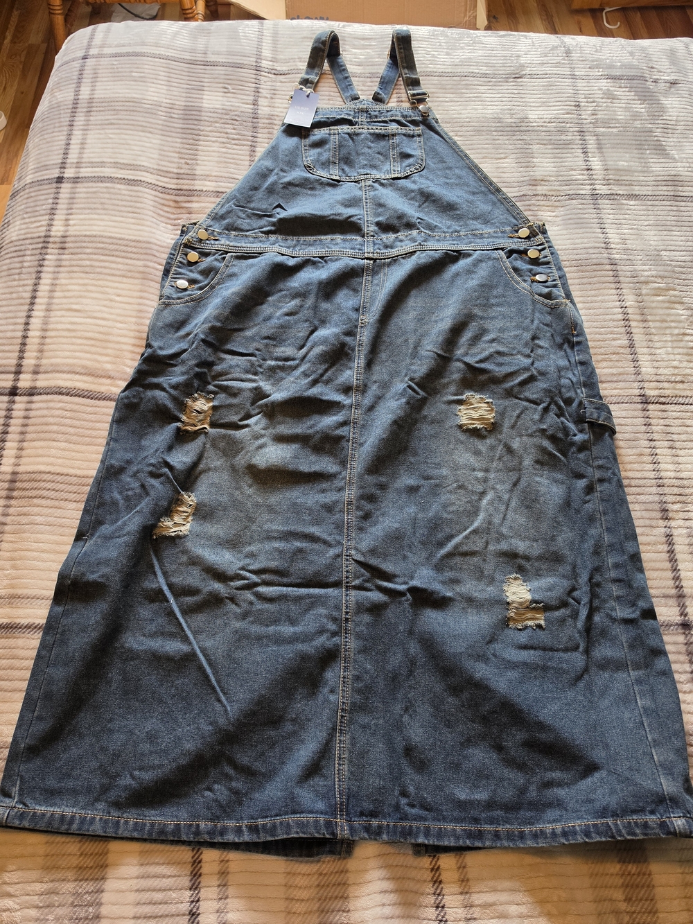 Denim Distressed Midi Pinafore Dress - Blue